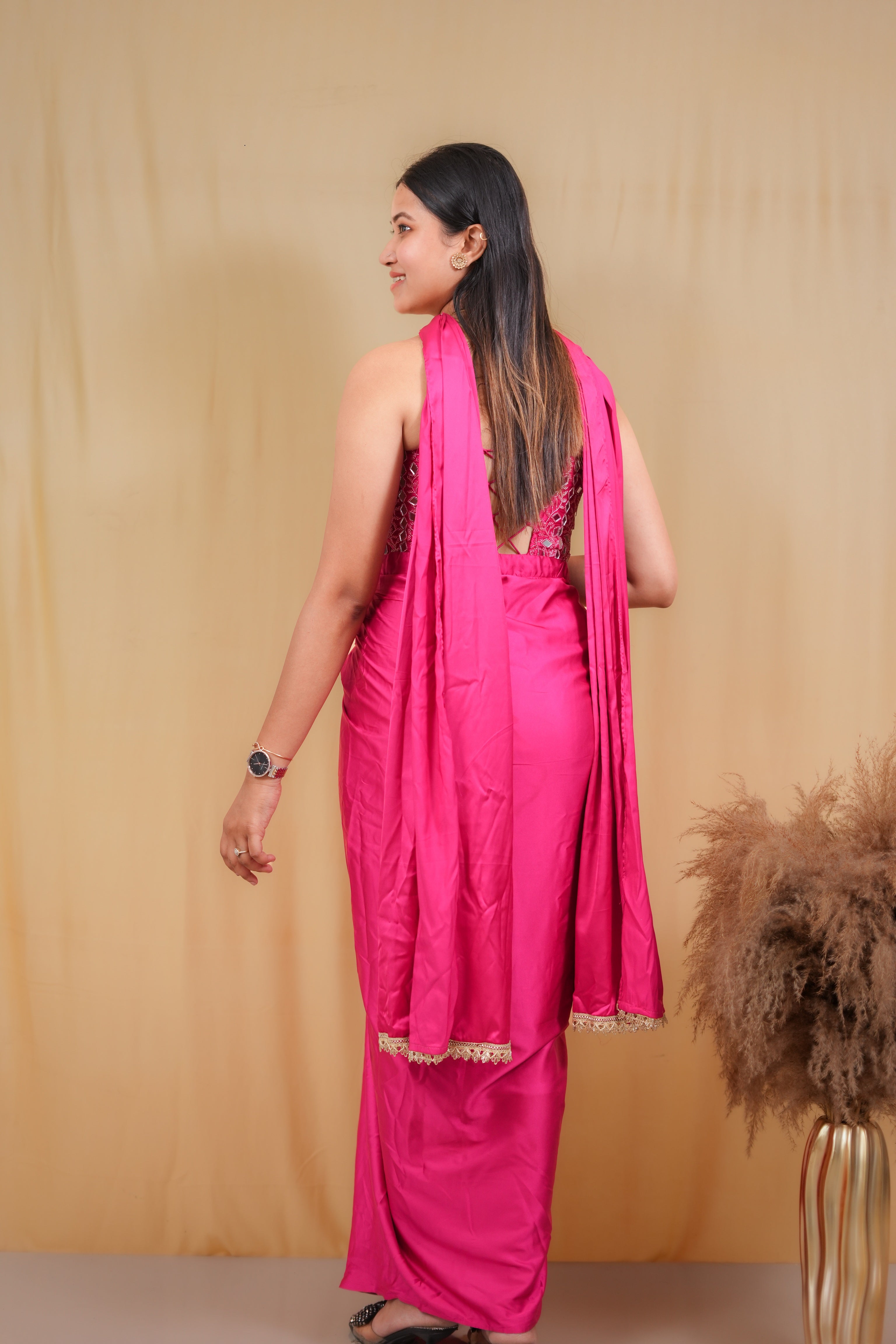 The Magenta Mirror-Work Strapless Saree