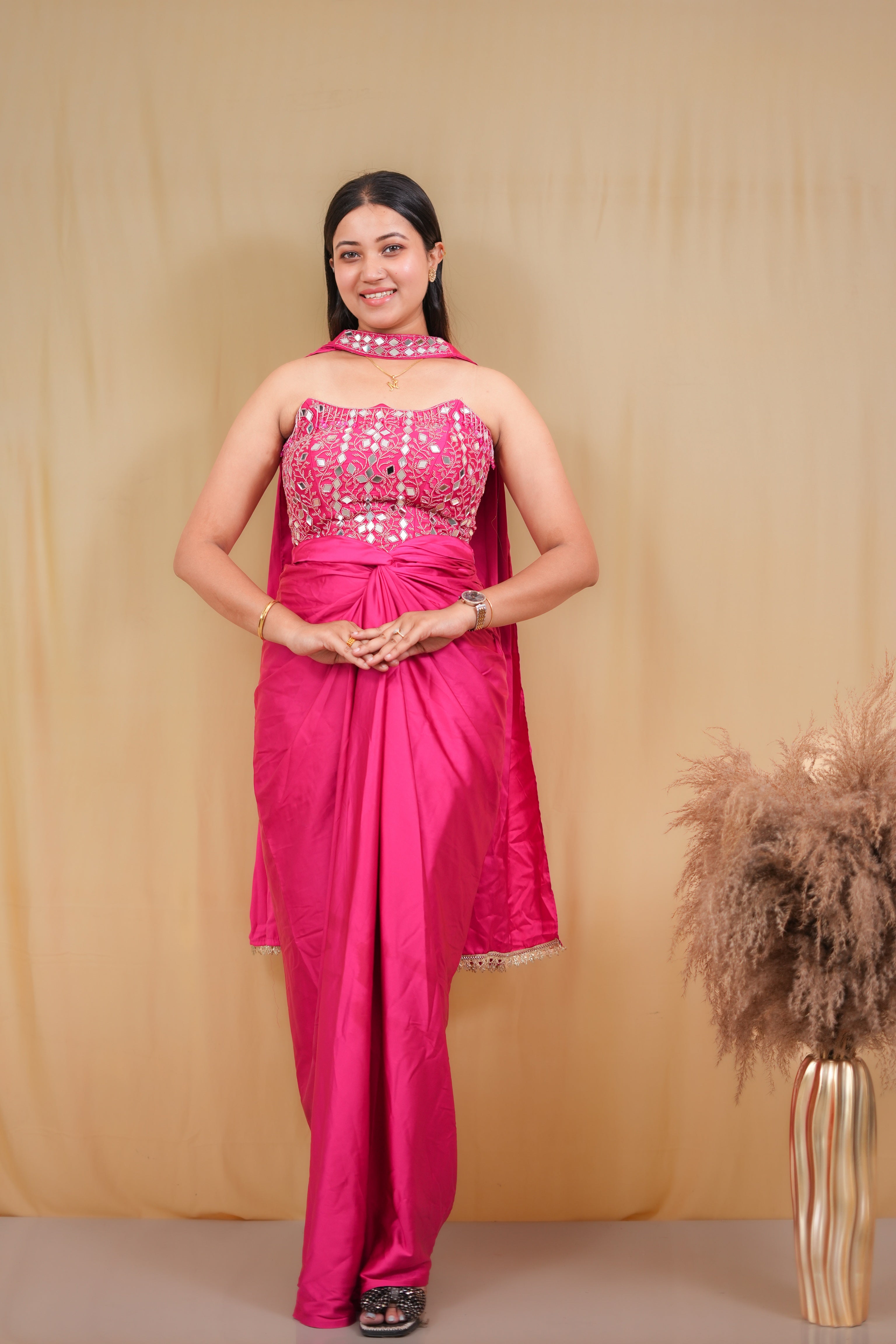 The Magenta Mirror-Work Strapless Saree