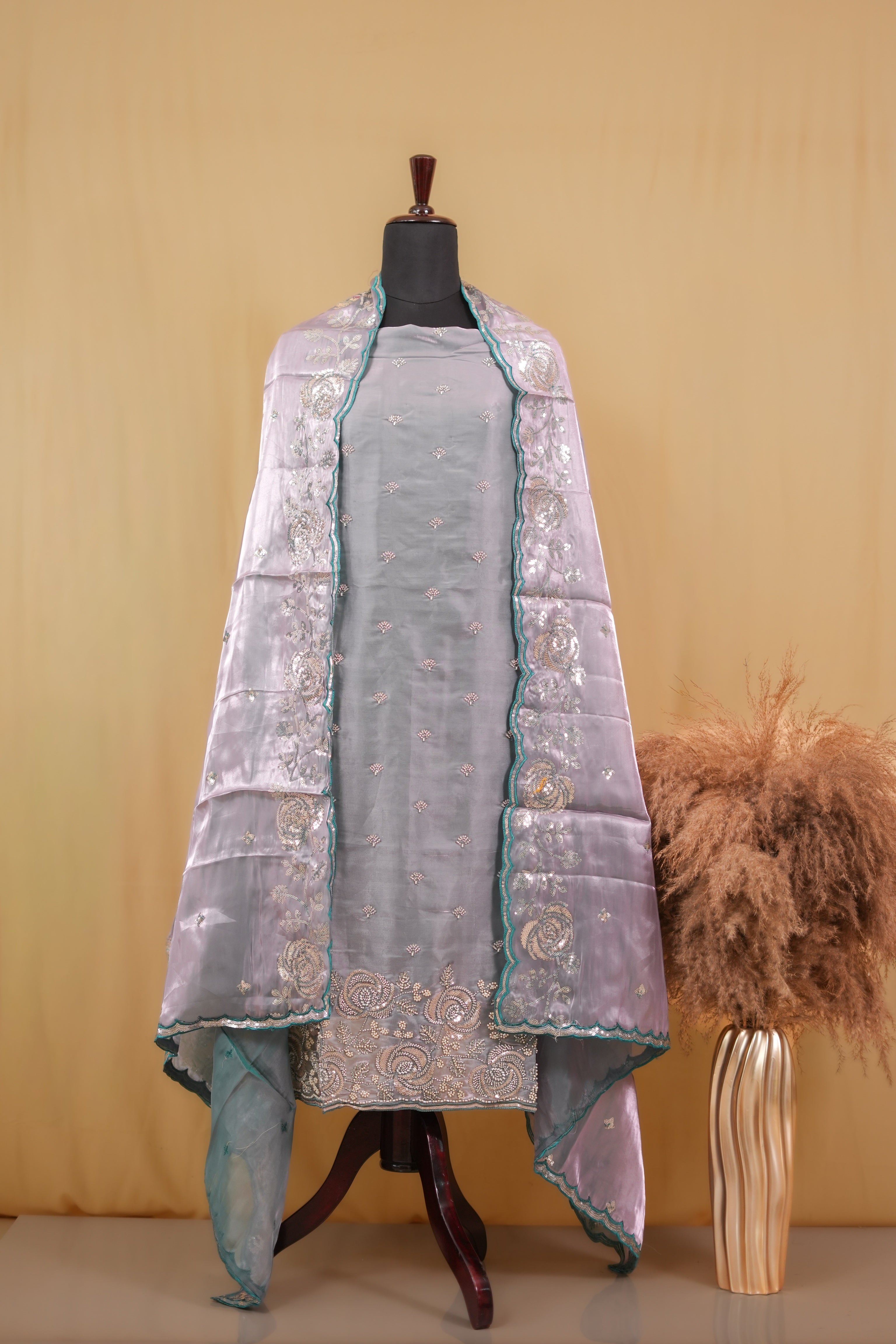 Enchanted Silver Petals unstitched suit